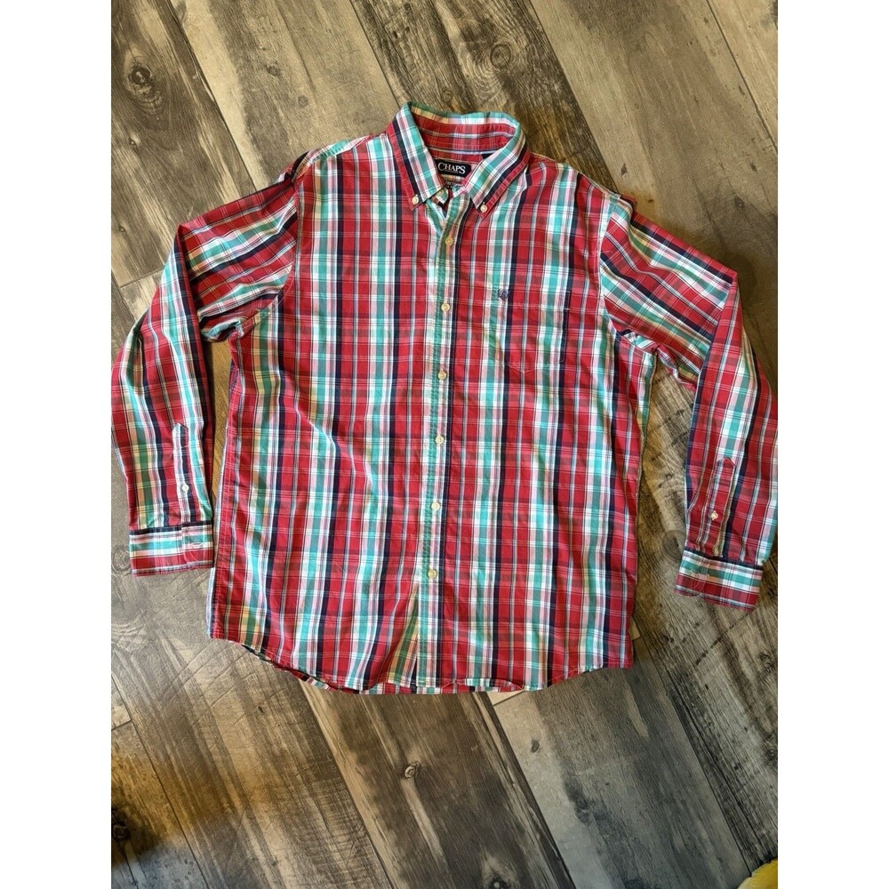 Chaps Mens Red Green Plaid Button Down Shirt Christmas Holiday Preppy L